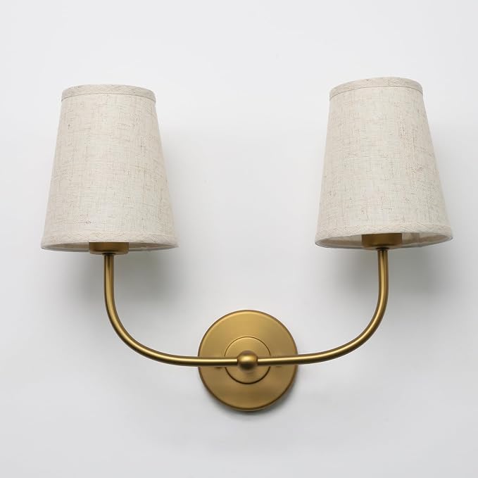 PERMO Vintage Double Sconce Large Antique 2-Lights Sconces with Flared Funnel Linen Beige Fabric Shade Hardwired Double Wall Sconce E26 Base