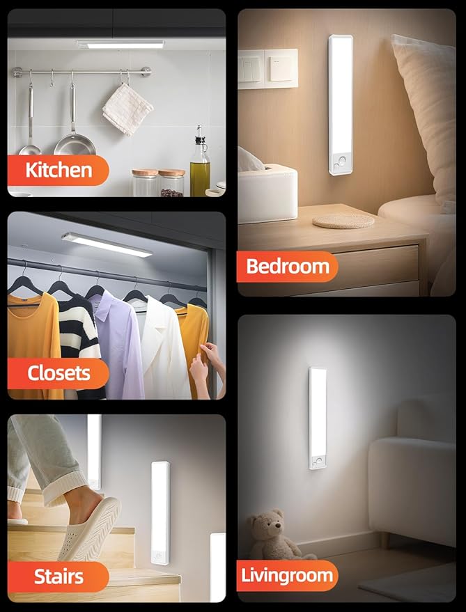 Under Cabinet Lighting: 10 Inch 3-Color Dimmable Rechargeable Motion Sensor Lights Indoor - Battery Operated Lights - Closet Light Magnetic Led Light for Kitchen Home Bathroom Counter 5 Pack