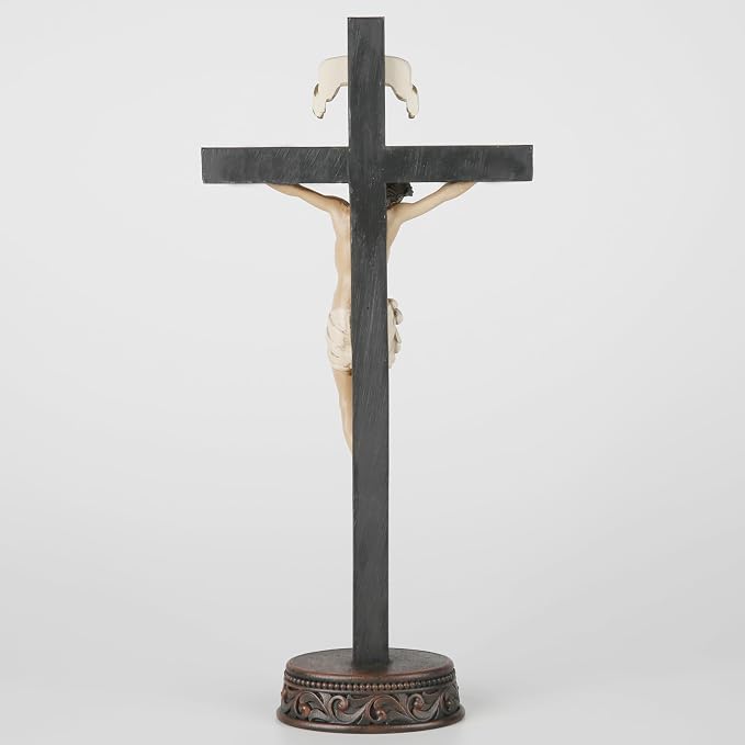 BC Catholic Crucifix Standing Cross, Jesus Christ tabletop Home Decor, Religious Gift, Wood Carve Looking, Realistic Finish, 10.9" H Hand Painted by Buildclassic