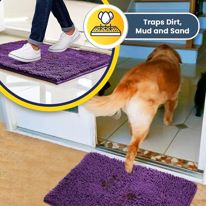 Muddy Mat® | Super Water Absorbent Door Mat Indoor, Microfiber Quick Dry Chenille Entryway Rug, Slip Resistant Front Door Mat, Indoor Mats for Entryway, Machine Washable Pet Rug, Purple 48"x60"