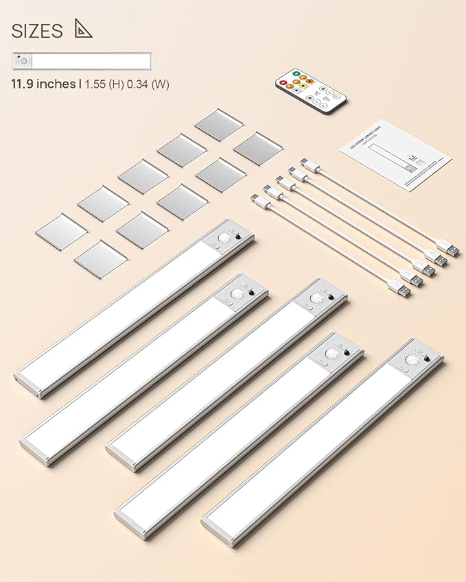 Under Cabinet Lighting with Remote, 12" Motion Sensor Light Indoor, Rechargeable LED Closet Light Wireless, 3 Color Temps & Dimmable, Magnetic Under Counter Lights for Kitchen, Stairs, Pantry, 5 Pack