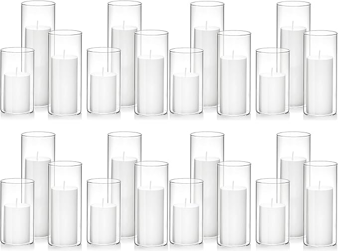 Set of 24 White Pillar Candles with Clear Glass Hurricane Holders- Elegant Cylinder Candle Vases for Weddings, Parties, Centerpieces, Home & Office Decor (White, 24 Set)