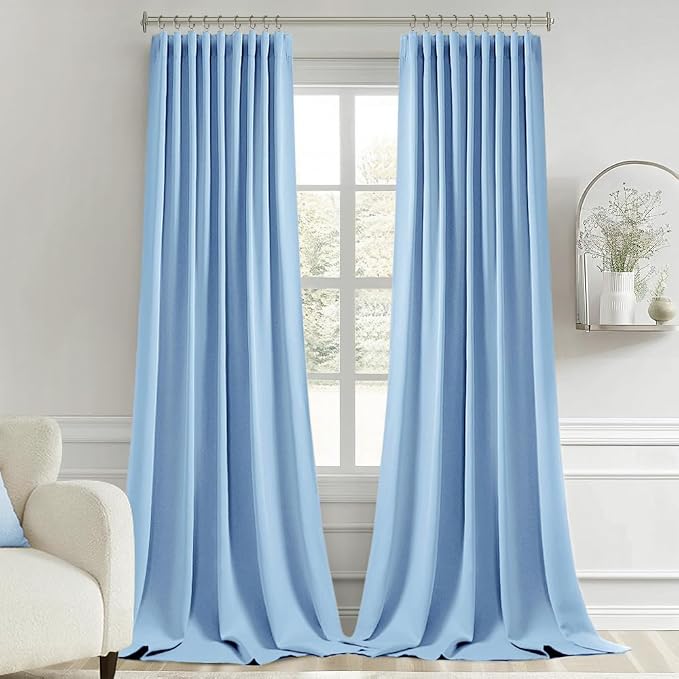 MIULEE Sky Blue Back Tab Blackout Curtains 108 Inch Long 2 Panels Set for Bedroom, Rod Pocket/Pinch Pleat Extra Long Thermal Insulated Living Room Darkening Pleated Light Blocking Drapes