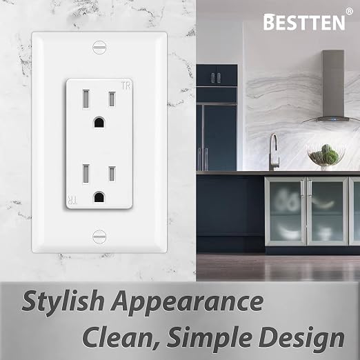 BESTTEN 20 Pack 15 Amp Tamper Resistant Decor Receptacle, Standard Electrical Wall Outlet, Residential and Commercial Use, 15A/125V/1875W, Wallplate Included, UL Listed, White
