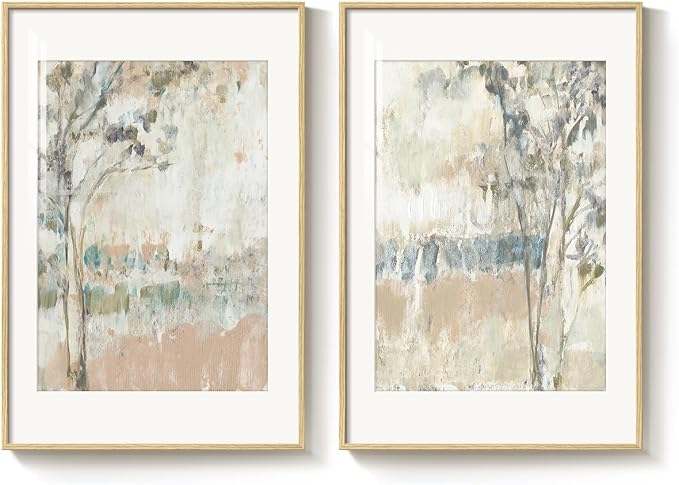 Framed Neutral Abstract Landscape Wall Art for Living Room, Large Set of 2 Minimalist Tree Canvas Artwork for Walls, Modern Nature Scenic Paintings Prints Wall Decor for Bedroom Home Office, 20x30 In