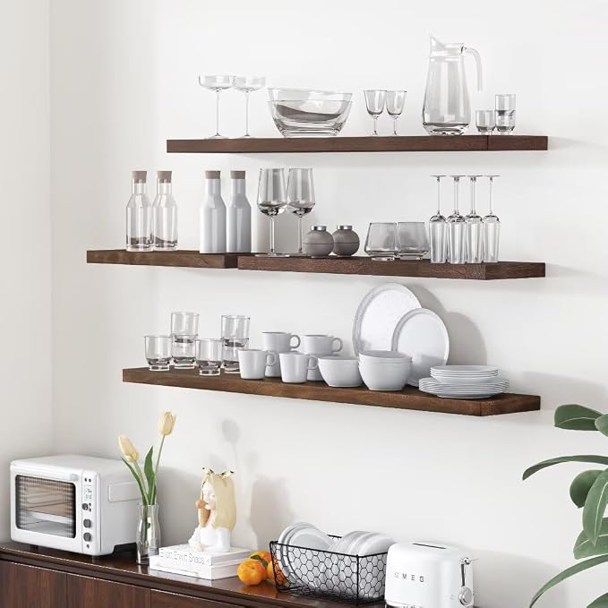 Fun Memories Floating Shelves for Wall, 36"x9.3" Rustic Solid Elm Wood Shelves, Heavy-Duty Wall Mounted Shelves with Invisible Brackets, Set of 2 for Living Room, Bedroom, Kitchen, Walnut Finish
