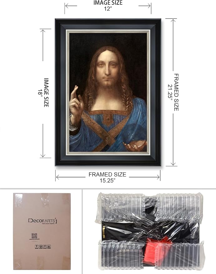 DECORARTS - Reproduction of Leonardo Da Vinci's Portrait of Christ in Salvator Mundi. Giclee Prints on Acid Free Cotton Canvas. Fine Art Frame for Classic Art Reproduction. 15.25x21.25 in