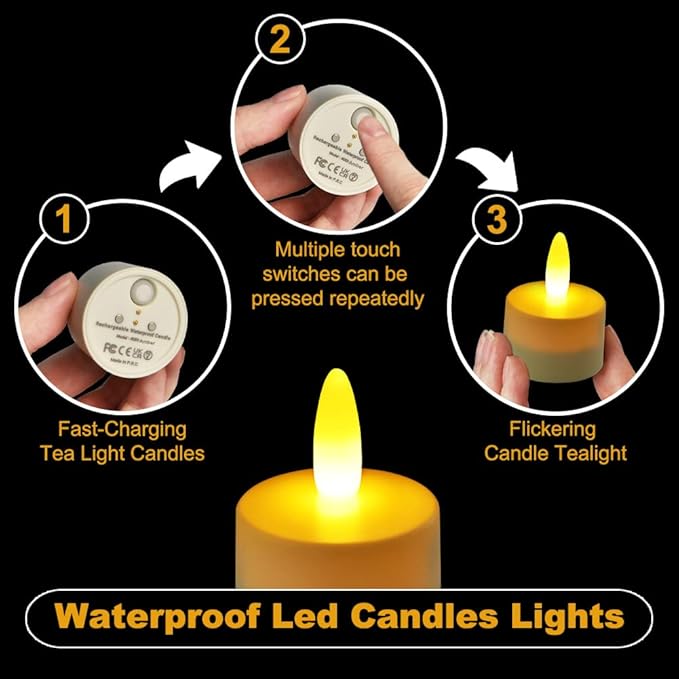 idyl light Rechargeable Tea Lights with Remote,100 Hours Flickering Working Waterproof Led Candles Lights for Centerpiece Home Wedding Party Decoration,Yellow,12 Pack