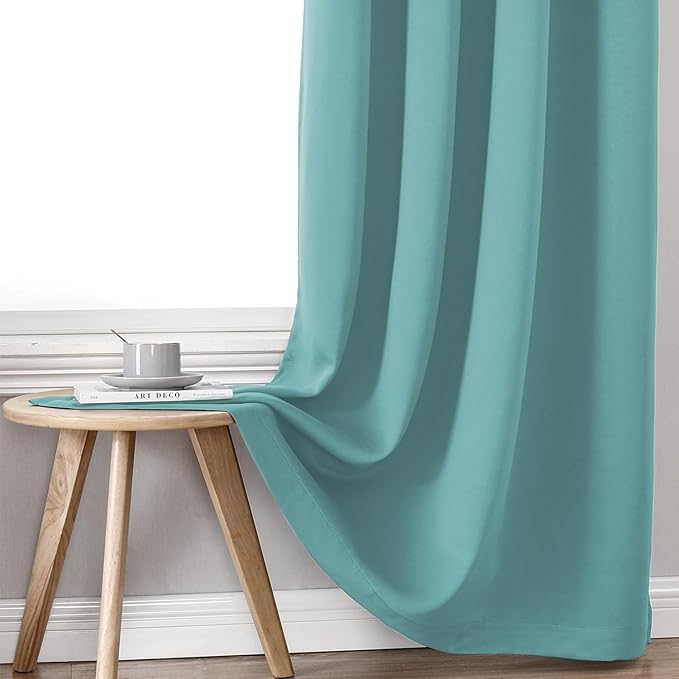 ChrisDowa 100% Blackout Curtains 45 inch Long for Bedroom with Black Liner, 2 Thick Layers Total Blackout Thermal Insulated Grommet Window Curtains 2 Panels Set (Aqua, 52 x 45 Inch)