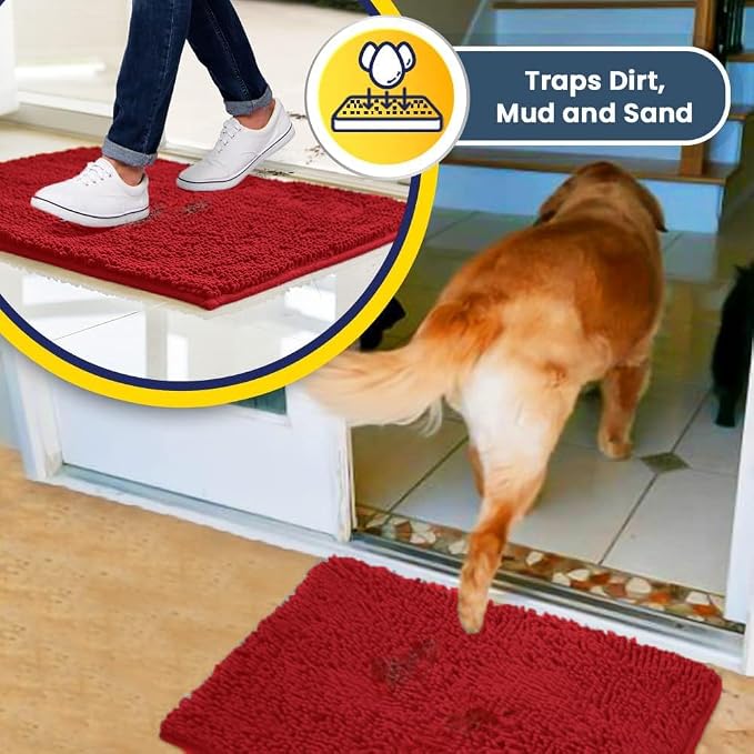 Muddy Mat® | Super Water Absorbent Door Mat Indoor, Microfiber Quick Dry Chenille Entryway Rug, Slip Resistant Front Door Mat, Indoor Mats for Entryway, Machine Washable Pet Rug, Red 30" x 48"