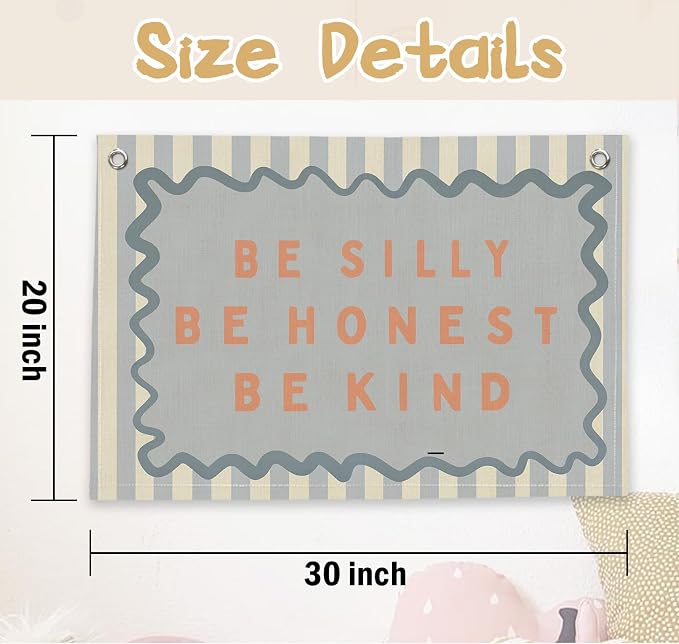 RTXLEZM Kids Room Decor, Be Silly Be Honest Be Kind Nursery Banner | Retro Blue Striped Inspirational Wall Hanging for Kids Toddler Boys Girls Nursery Room Bedroom Playroom Decor