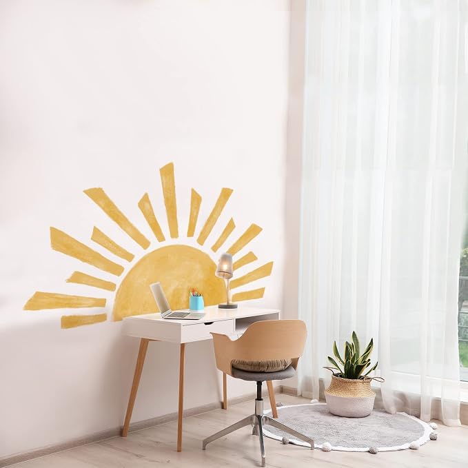 Large Boho Half Sunrise Wall Decals Peel and Stick, Watercolor Sun Decal Sunrise Wall Murals Stickers, Sunshine Wall Stickers for Kids Room Playroom Nursery Bedroom, 47.28" x 26.40"