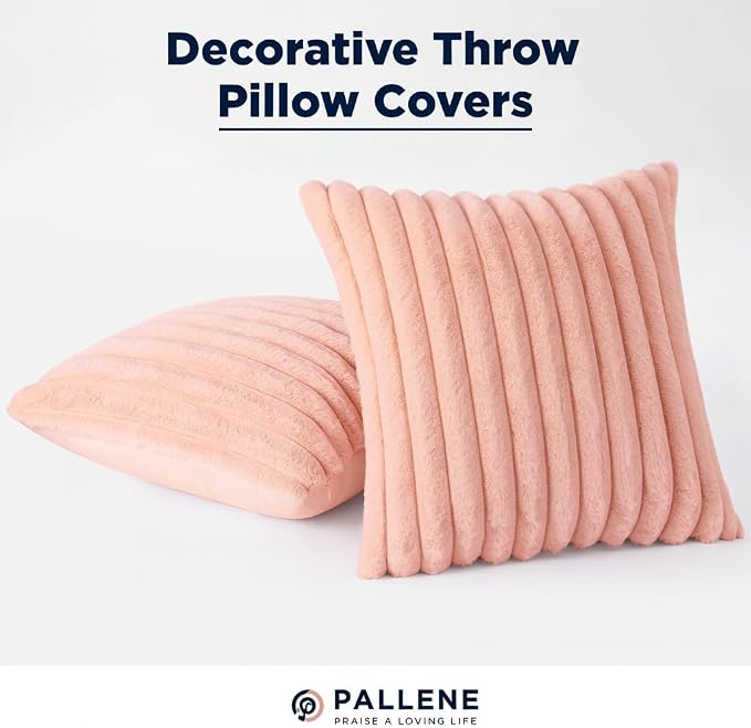 Pallene Faux Fur Plush Throw Pillow Covers 16x16 Set of 2, Luxury Soft Fluffy Striped Decorative Pillow Covers for Sofa, Couch, Living Room, Pink