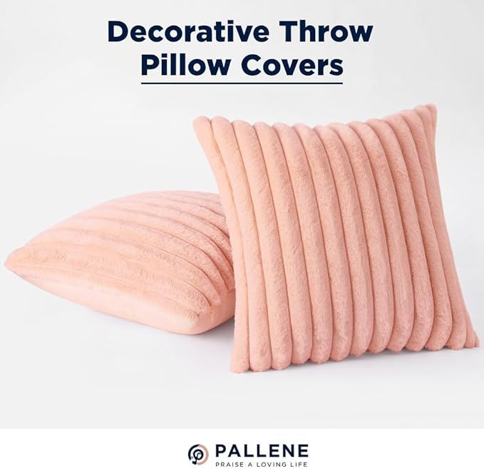 Pallene Faux Fur Plush Throw Pillow Covers 18x18 Set of 2, Luxury Soft Fluffy Striped Decorative Pillow Covers for Sofa, Couch, Living Room, Pink