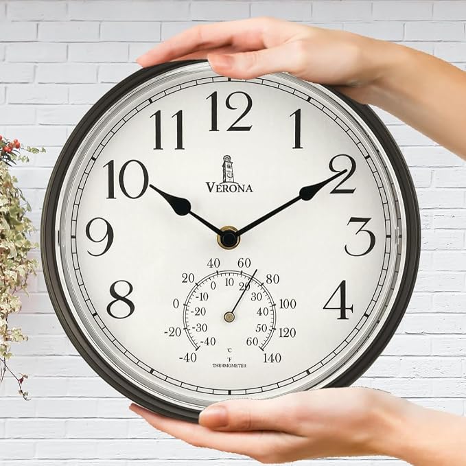 Outdoor Clocks for Patio Waterproof with Thermometer — Black 9.5 Inch Indoor Outdoor Wall Clock with Temperature Display — Weatherproof, Accurate & Easy to Read for Pool, Garden & Home Decor