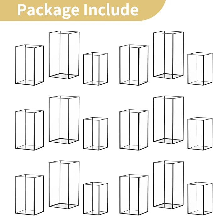 Nuptio Glass Candle Holders Hurricane Holder for Pillar Candles 18 Pcs Black Metal Candle Holders Large Rectangular Candleholder Vase Centerpieces Decoration for Wedding Party 9.5 & 8.1 & 6.5 inch