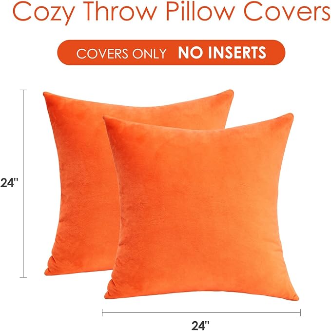Fall Orange Throw Pillow Covers Decorative Velvet Set of 2 24x24 Inch Pillow Covers, Soft Burnt Orange Pillowcases for Couch Sofa Bed Living Room, Farmhouse Boho Decor, Accent Cushion Covers
