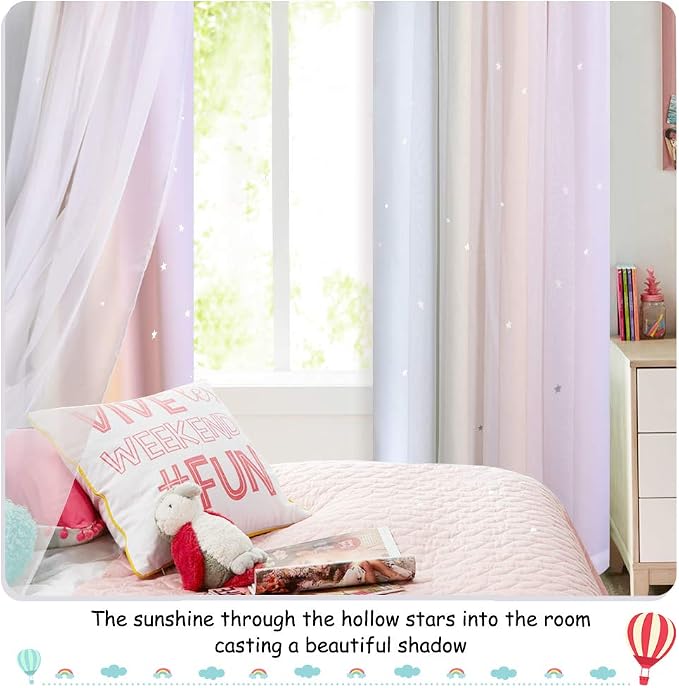 NICETOWN Rainbow Star Curtains for Girls Bedroom, Double Layer Colorful Stripes Kids Blackout Curtains Plus White Sheer Livingroom Window Curtains for School Classroom (Rainbow, W52 x L84, Sold by 2)