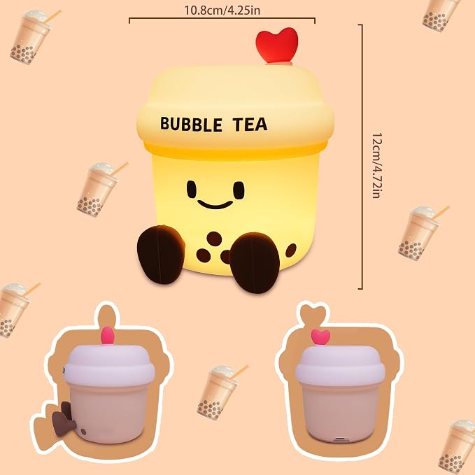 OkiyiD Boba Tea Gifts for Milk Tea Lovers, Cute Bubble Tea Night Light, Boba Tea Silicone Nursery Lamp with Dimming and Timing Function, Cute Room Decor Lights for Kids Girl Women Xmas Gifts