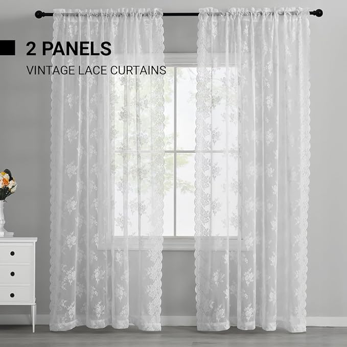 Kotile White Lace Curtains 45 Inch Length 2 Panels Country Rustic Floral Knitted Short Lace Curtains for Kitchen Window, Rod Pocket Privacy Sheer Cafe Curtain, 52 x 45 Inch, White