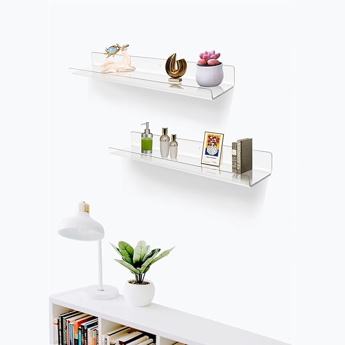 ROYALITA 24 Inches Acrylic Floating Book Shelves Wall Mounted Set of 2, Wall Hanging Plant Display Shelves, Room Decor Floating Wall Shelves for Gaming Room, Bedroom, Living Room, Office, Clear