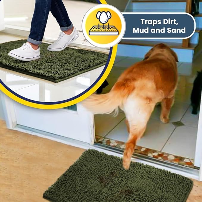 Muddy Mat® | Super Water Absorbent Door Mat Indoor, Microfiber Quick Dry Chenille Entryway Rug, Slip Resistant Front Door Mat, Indoor Mats for Entryway, Machine Washable Pet Rug, Army Green 28" x 48"
