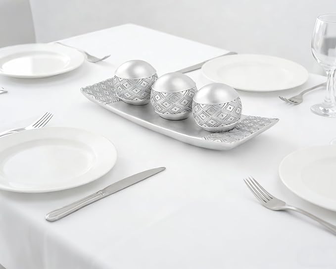 Silver Decorative Orbs with Tray Set, 3Pcs Resin Decorative Balls with Tray, Modern Accent Sphere for Coffee Table, Dining Table, Living Room, Entryway