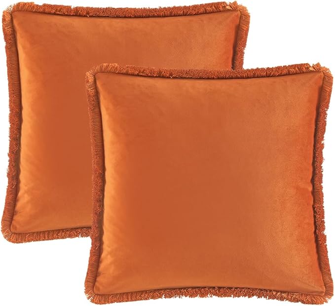 JUSPURBET Rust Velvet Throw Pillow Covers 16x16 Inch Set of 2 with Soft Tassel Fringe Luxury Boho Pillowcase for Sofa Couch Bed Home Decor Machine Washable