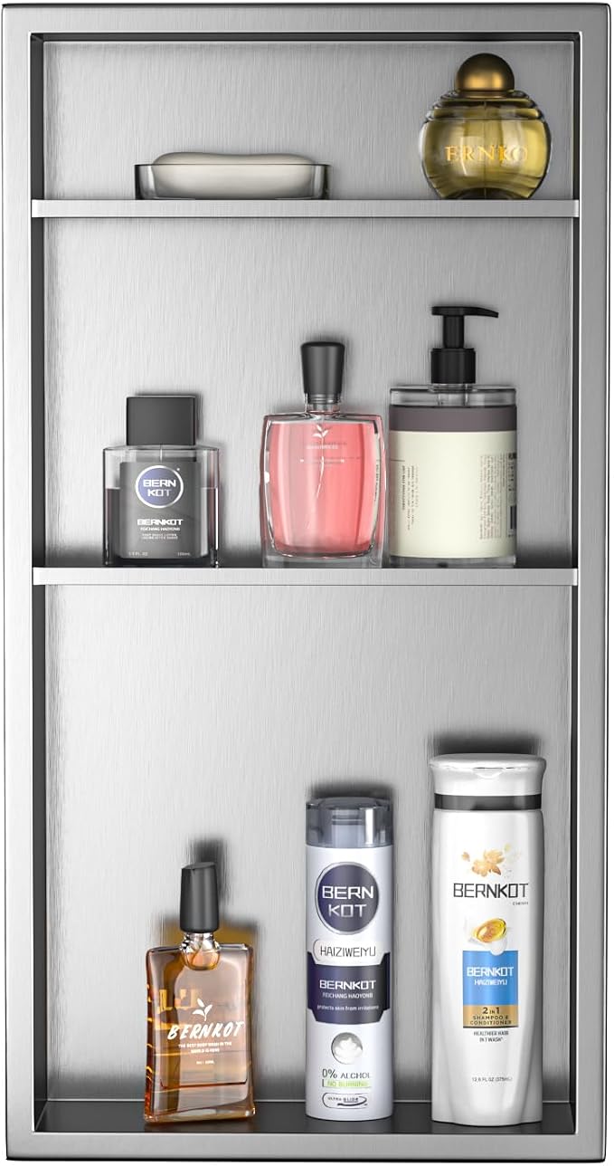 Stainless Steel Shower Niche 24" X 12" Brushed No Tile Needed Vertical Niche Shower with Three-Tier Shelves Recessed Wall Niches for Bathroom Storage Over Mount Installation