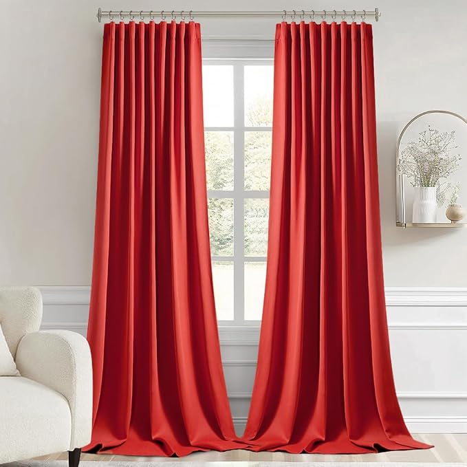 MIULEE Christmas Red Back Tab Blackout Curtain 96 Inch Long 2 Panels Set for Living Room Bedroom, Rod Pocket/Pinch Pleat Thermal Insulated Room Darkening Pleated Light Blocking Floor to Ceiling Drape