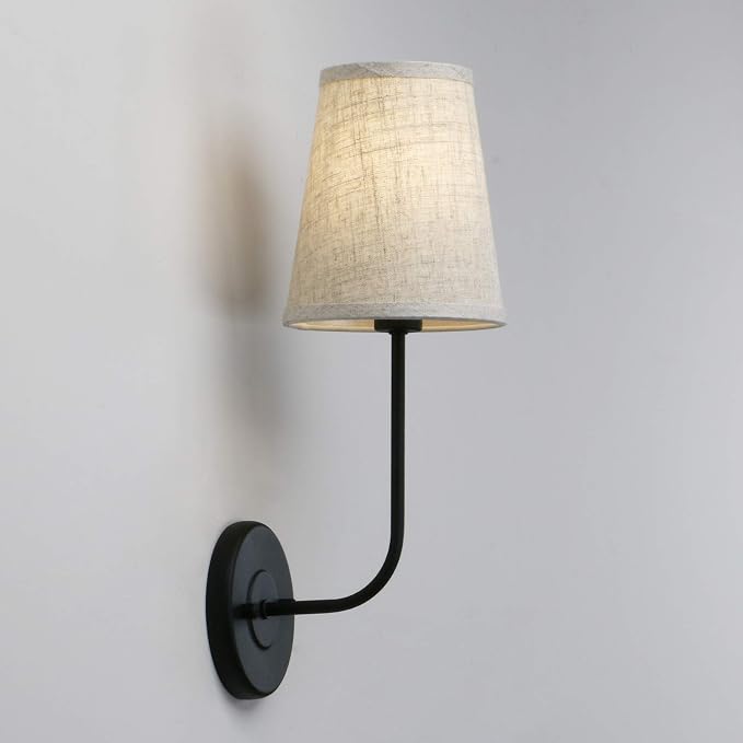 PERMO Classic Rustic Wall Sconce Light Fixture with Flared Funnel Linen Fabric Shade Nightstand Lamps for Living Room Bedrooms Bedside Reading (Black)