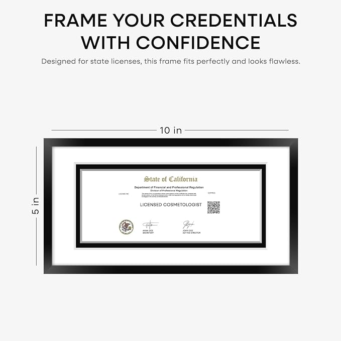 Homeforia 5x10 Business License Frame Black, High End Metal 5 x 10 Document Certificate Frame with Mat 4x9, 5 by 10 Professional License Frames for Wall or Tabletop, Tempered Glass, Wall Kit, Set of 2