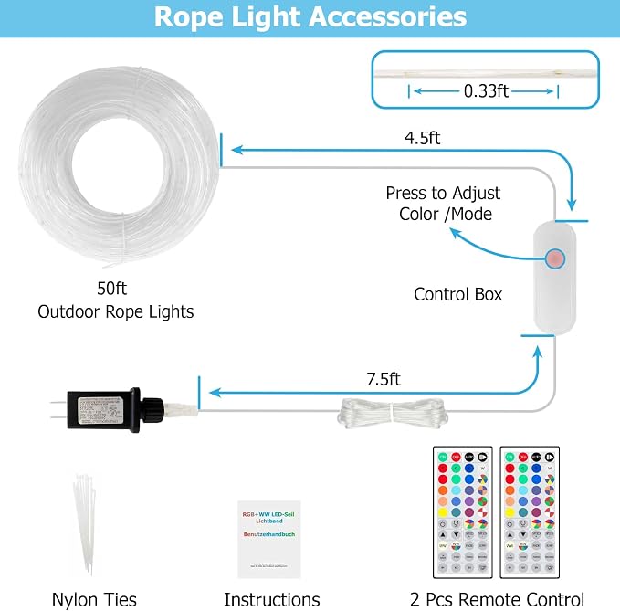 50ft LED Rope Lights for Outside, 25 Colors IP68 Waterproof, Dimmable Warm White RGB Outdoor String Lights, Red White Blue for Memorial Day Patriotic Decorations, Fairy Lights for Indoor Bedroom