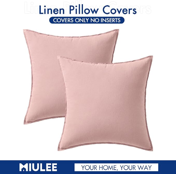 MIULEE Pack of 2 Decorative Linen Pillow Covers 24x24 Inch Light Pink | Boho Farmhouse Modern Soft Accent Euro Shams Throw Pillows for Bed Neutral Cushion Covers Sofa Couch Living Room Home Decor