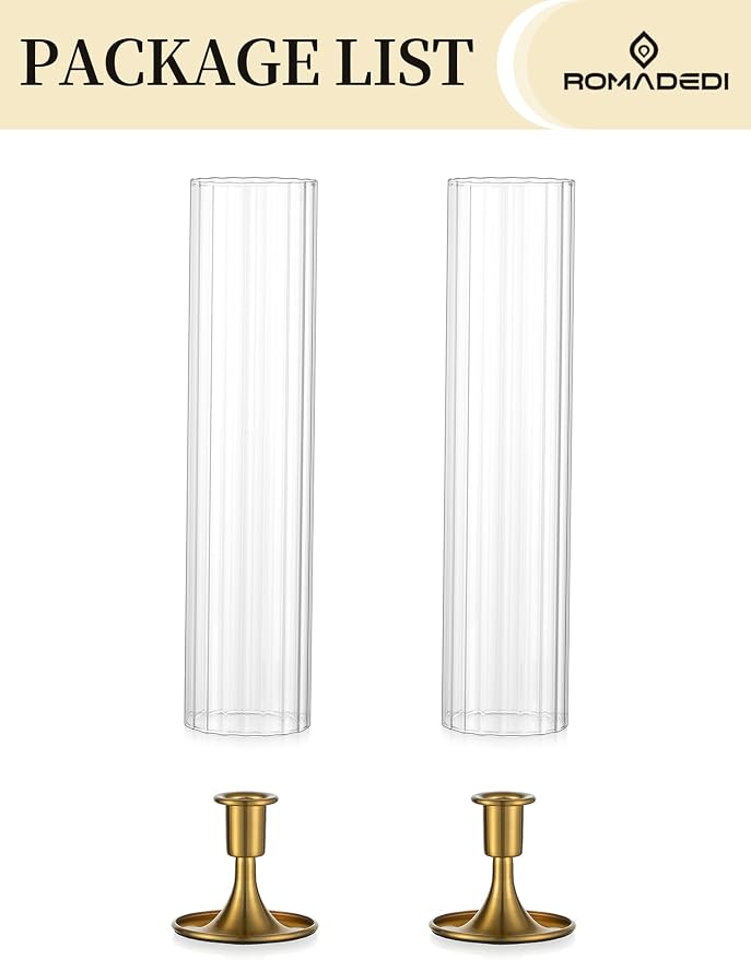 Romadedi Hurricane Glass Candle Holder: Set of 2 Gold Taper Candle Sticks Holder with Ribbed Cylinder Cover & Weighted Base for Coffee Table Centerpiece Christmas Wedding Outdoor Decor