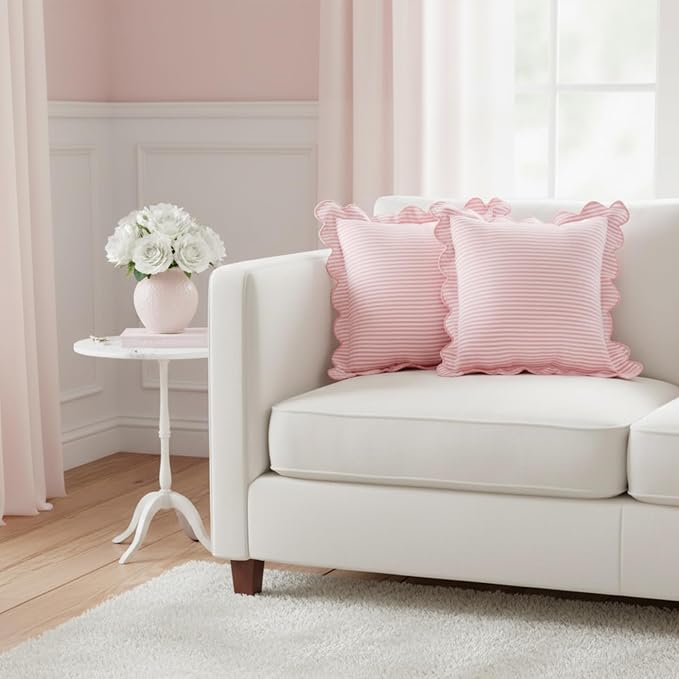 Newwiee 2 Pack Scalloped Pillow Cover 18 x 18 Inch Stripe Throw Pillow Cover Cotton Decorative Pillowcase for Women Men Couch Living Room Cushion Indoor Outdoor Decoration(Pink, Scalloped)