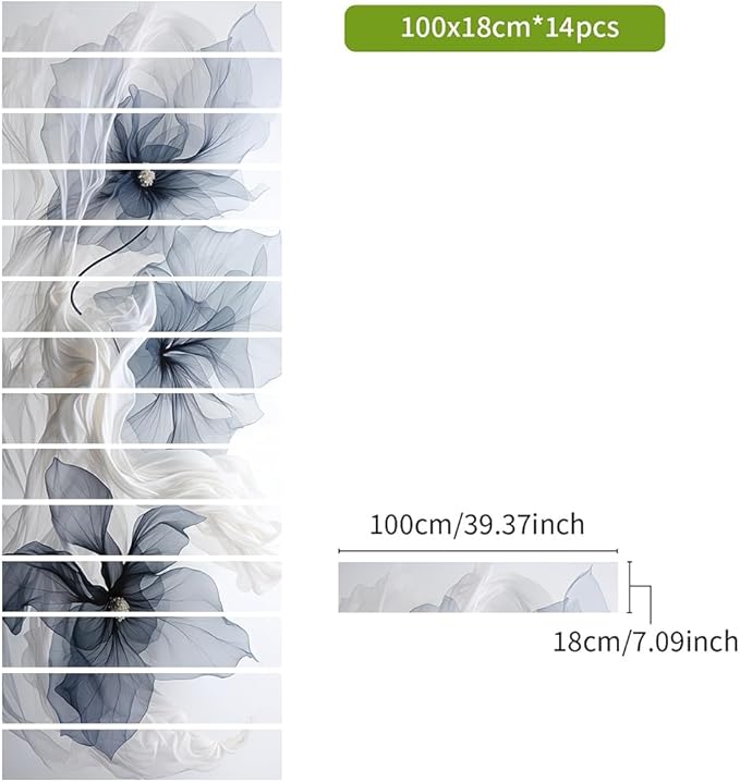 REDAMANCY Modern Grey/Navy/Blue Poppy Floral Peel and Stick Vinyl Stair Riser Decals Staircase Tile Stickers Decor Modern Marble Decoration Self-Adhesive(14 Pcs)