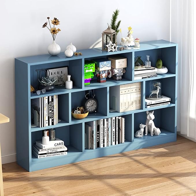 IOTXY Open Shelf Low Bookcase - Wooden 3-Tier Cube Bookshelf, Bright Blue | MDF Material, Stable Raised Base, 10 Storage Cubby Display, Horizontal Short Shelf Unit, Scandinavian Minimalist Organizer