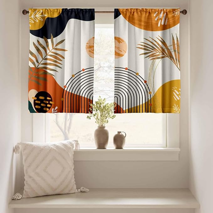 Orange Boho Curtains 39 Inch Mid Century Cafe Drapes for Small Windows Abstract Leaves Rainbow Colorful Modern Geometric Window Curtains for Kitchen Living Room Bathroom Laundry 2 Panels