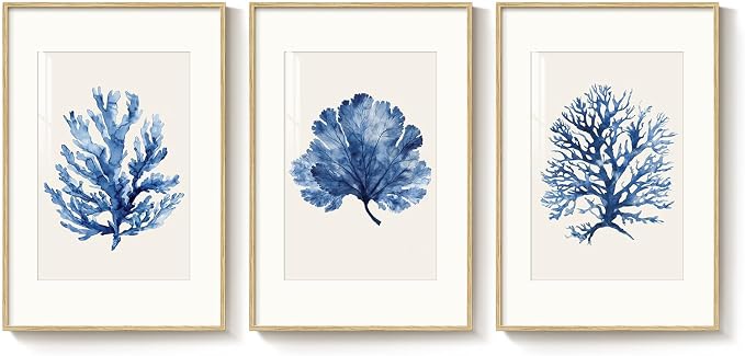 Framed Coastal Coral Watercolor Wall Art for Living Room, Large 3 Piece Navy Blue Coral Artwork for Walls, Minimalist Ocean Beach Marine Plants Pictures Prints for Bedroom Hallway Wall Decor, 20x30 In