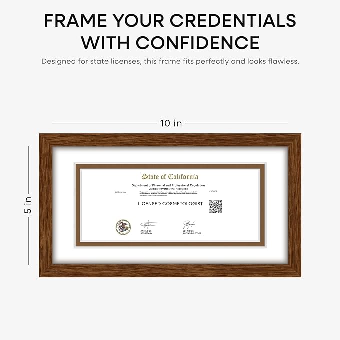 Homeforia 5x10 Business License Brown Frame, High End Dark Oak 5 x 10 Wood Document Certificate Frames with Mat 4x9, 5by10 Walnut Wooden Frames for Wall or Tabletop, Tempered Glass, Wall Kit, Set of 3
