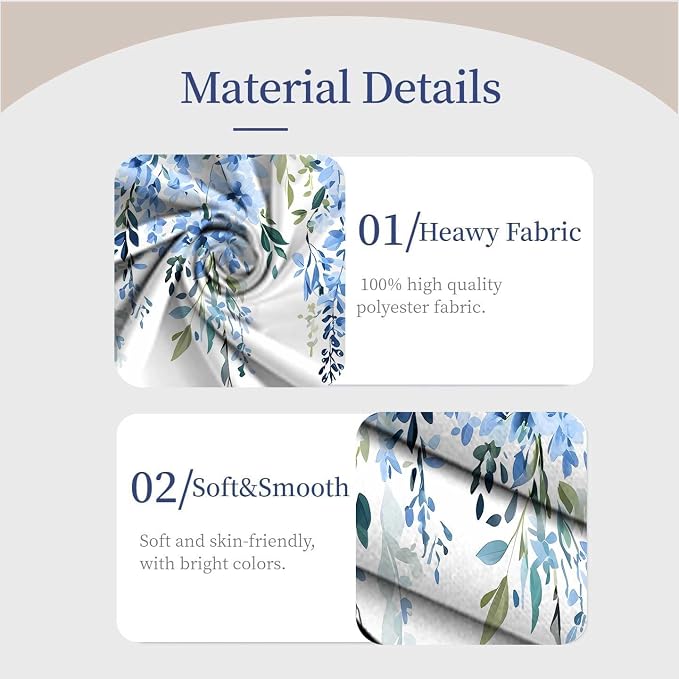 Blue Watercolor Floral Curtains, Botanical Leaves Vine Flowers Curtain, Rustic Farmhouse Flower Leaf Blackout Window Treatment Drapes for Bedroom Living Room 42x96 inch, 2 Panels