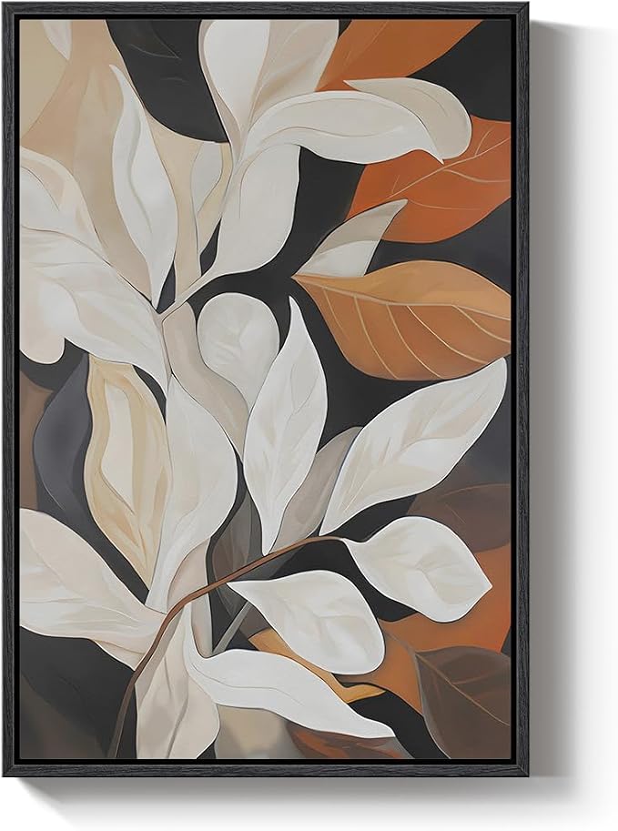 Framed Boho Botanical Wall Art for Living Room, Vertical Neutral Beige Floral Leaf Canvas Artwork for Walls, Organic Modern Terracotta Pictures Print Wall Art Decor for Bedroom Hallway, 24x36 Inch