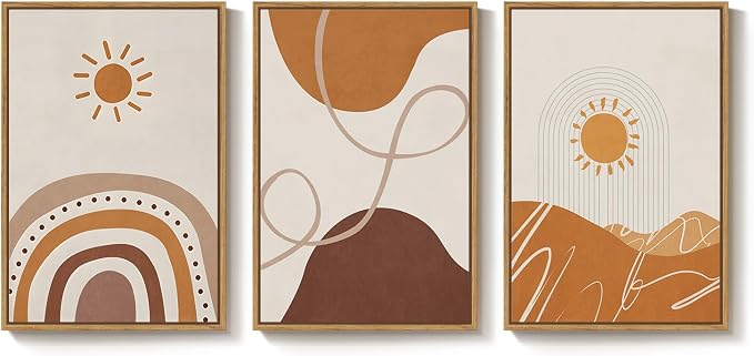 Framed Boho Neutral Terracotta Abstract Wall Art Bedroom, 3 Piece Beige Orange Sun Arch Canvas Artwork for Walls, Mid Century Modern Rainbow Prints Wall Decor for Living Room Nursery Room, 16x24 Inch