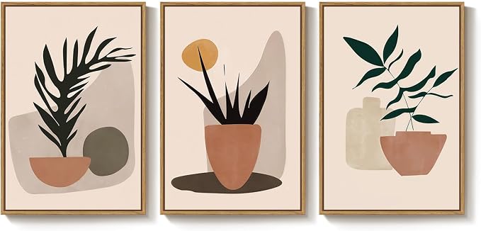 Framed Boho Botanical Canvas Wall Art Prints, Set of 3 Piece Bohemian Neutral Orange Paintings Artwork for Walls, Elegant Boho Plant Pictures for Living Room Dining Room Office Wall Decor, 16x24 Inch