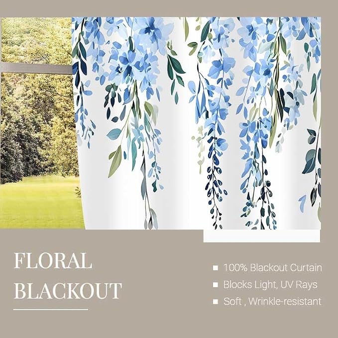 Blue Watercolor Floral Curtains, Botanical Leaves Vine Flowers Curtain, Rustic Farmhouse Flower Leaf Blackout Window Treatment Drapes for Bedroom Living Room 52x96 inch, 2 Panels