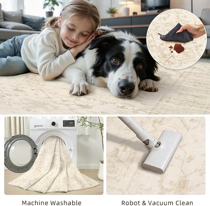 Machine Washable Area Rugs 2x3: Vintage Boho Neutral Washable Rug Indoor Soft Small Entryway Throw Carpet for Living Room Bedroom Kitchen Laundry Floor Non-Slip Low Pile Entrance Rug Beige/Brown