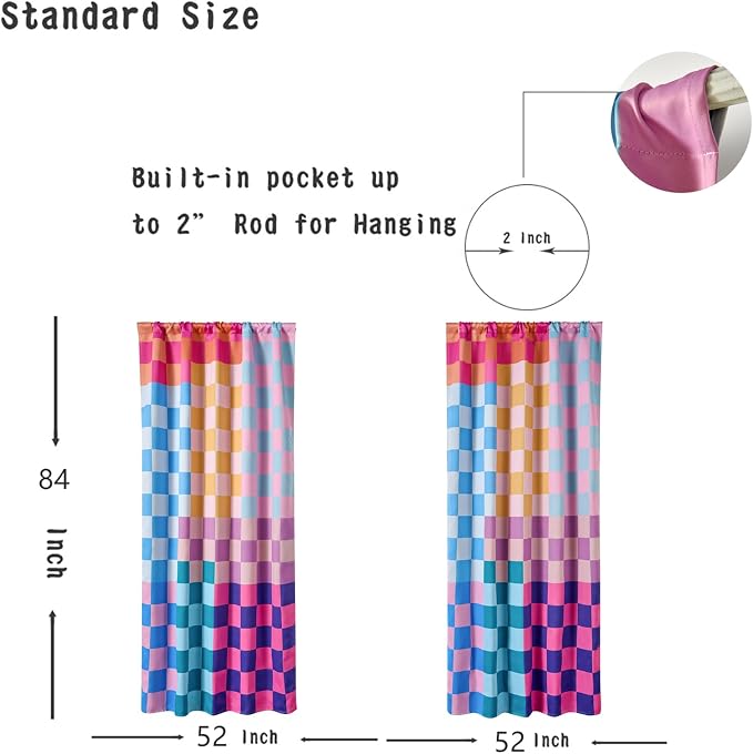 RoomTalks Multicolored Checkerboard Blackout Window Curtains for Bedroom Living Room 84 Inches Length 2 Panels, Mid Century Modern Aesthetic Curtain Panels Colorful Vibrant Checkered Window Drapes