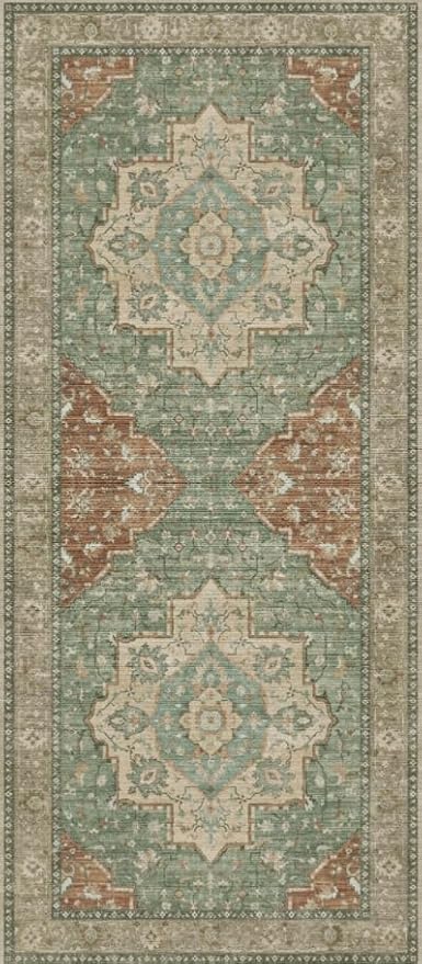 GENIMO Runner Rug 2'6"x6 Machine Washable Non Slip Vintage Hallway Runner Rug, Low Pile Lightweight Rugs for Indoor Entryway, Hallway, Kitchen and Corridor, Reddish Brick & Light Green