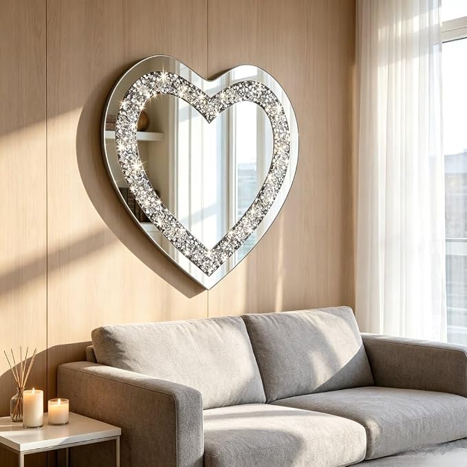 DMDFIRST Crystal Crush Diamond Heart Shaped Silver Mirror for Wall Decoration 24x24x1 inch Wall Hang Frameless Mirror Acrylic Diamond Décor.